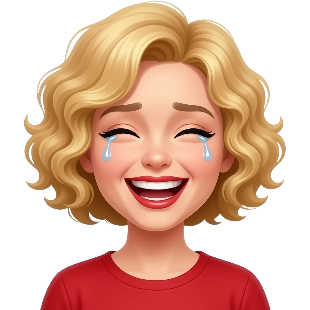 short blonde curly hair side swept bob laughing hard with one tear on each side in a red shirt and red lipstickd shirt emoji