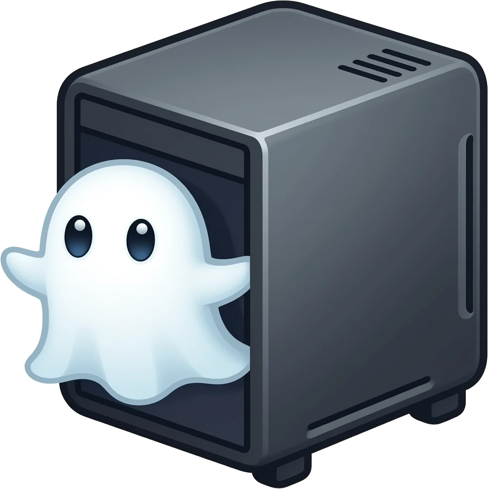Flat emoji of a simple dark PC tower with a cute white ghost floating out of it, thick outline, two or three colors, transparent background, square, no text. emoji