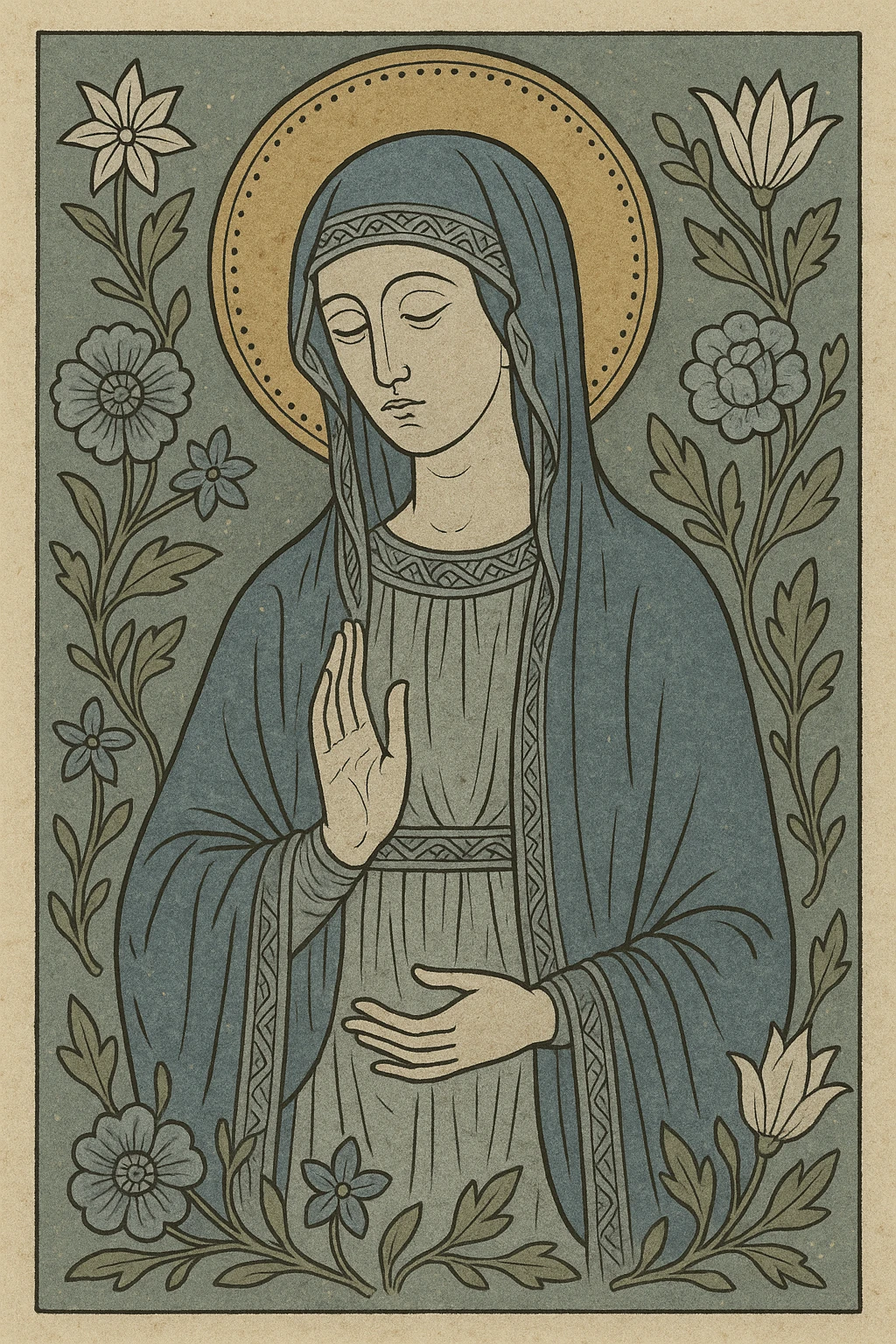 Vierge Marie, style médiéval, auréole dorée, manteau bleu, entourée de fleurs, visage serein emoji
