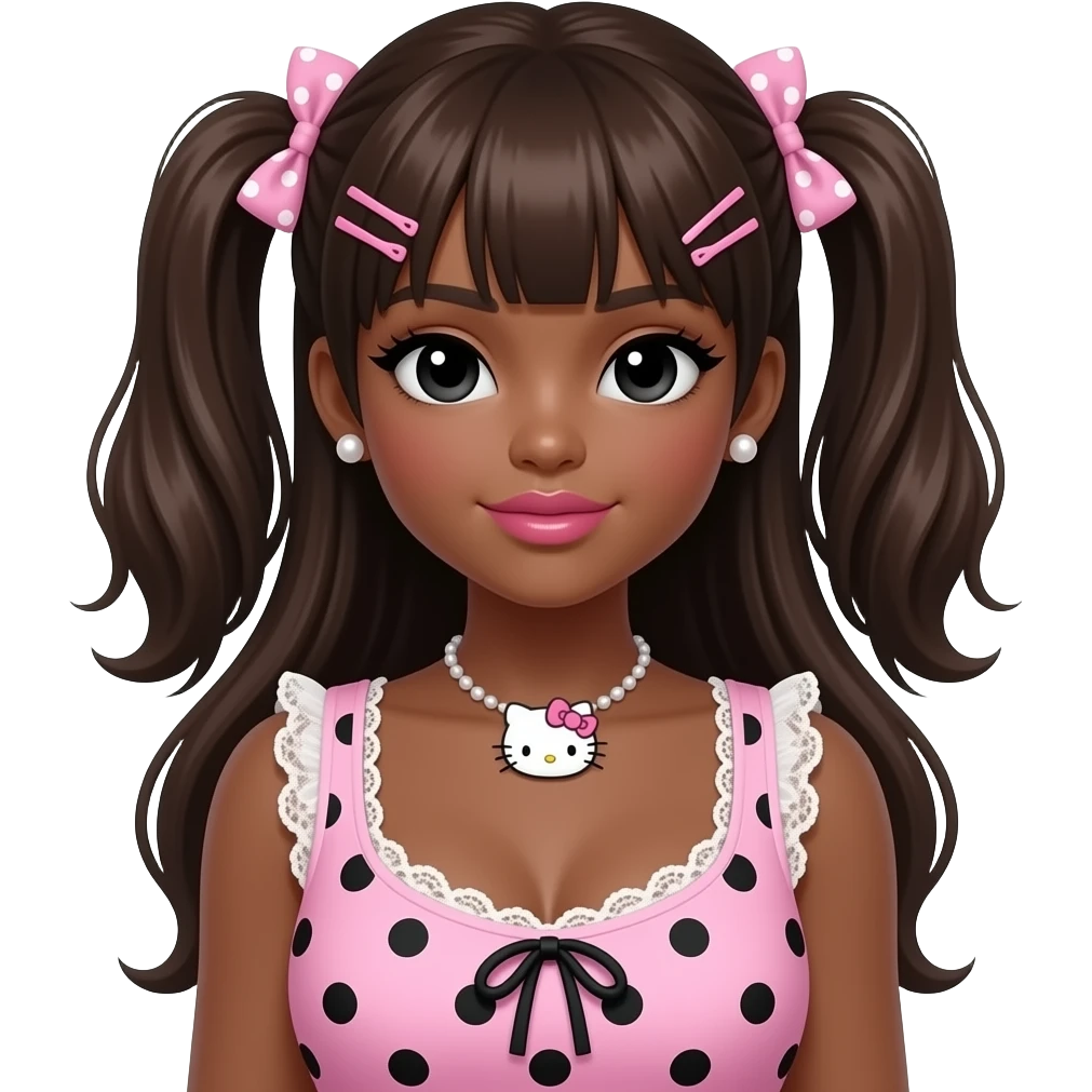 dark brown skin girl, pearl earring studs, black girl, pink lips, my melody hairclip, dark brown skin, Doll faced shaped, hello kitty necklace, bimbo, black doll eyes, Big lips, long dark brown hair, with white or black lace baby pink polka dots with gyaru sleeveless shirt, with big breast emoji