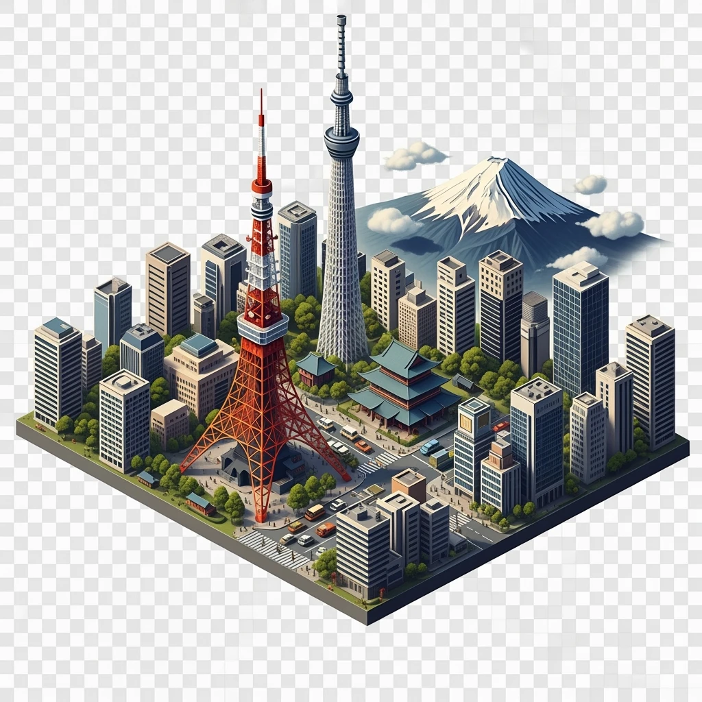 Isometric illustration of Tokyo, with photorealistic detailed miniature cityscape included Tokyo Tower, Skytree, Shibuya Crossing, Mount Fuji in background, balanced colors, subtle 3D miniature effect, no cartoonish look, transparent background. emoji