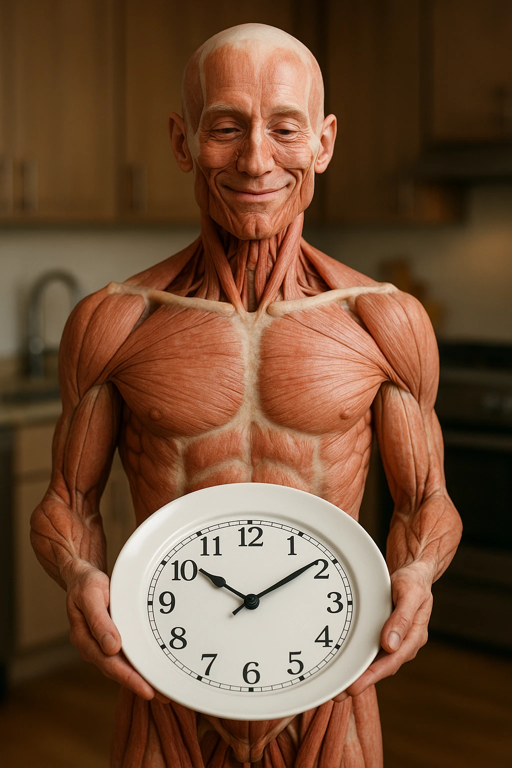 corpo umano anatomico, che tiene in mano un piatto bianco con la lancette di un orologio sopra, figura visibile fino ai fianchi, espressione del volto soddisfatta, sullo sfondo la sua cucina sfocata, iperrealistico 4k emoji