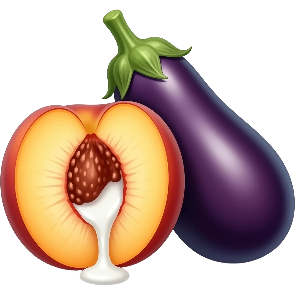 Eggplant going into peach opening with white stuff dripping out emoji