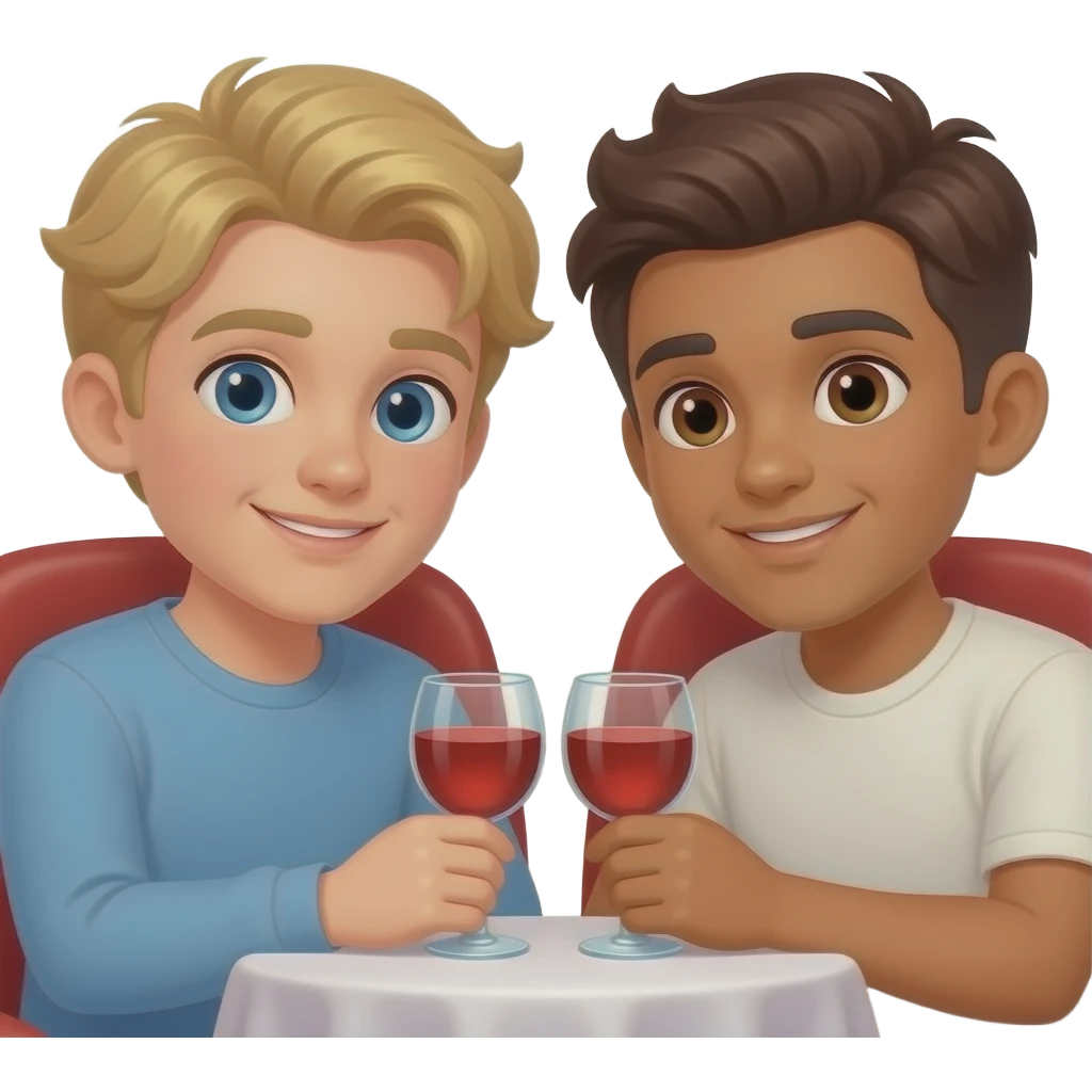 Make a young gay couple on a Date , one has light Skin with Blond Hair and Blue Eyes, the other one has slightly brown skin witz dark Brown Hair and Brown Eyes. They have a romantic date in a cinema. emoji