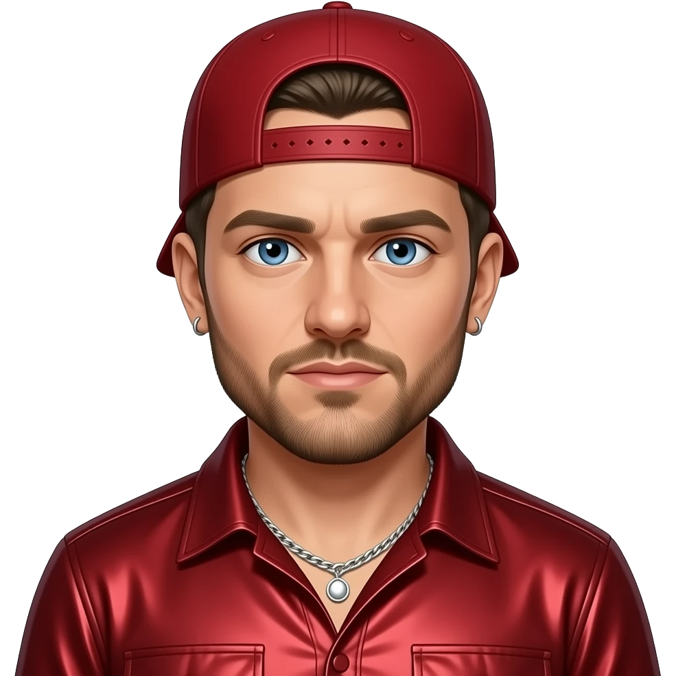 Fred Durst with blue eyes, dark blonde short hair, red cap, red metallic shirt, silver necklace and short earrings emoji