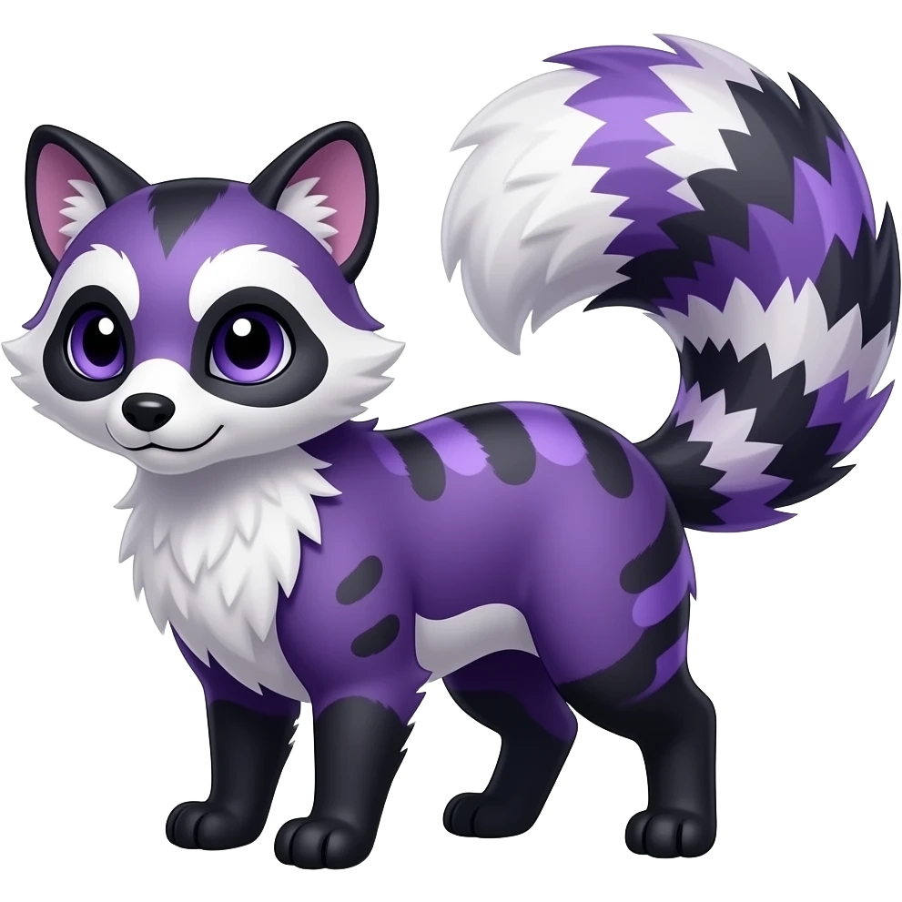 Cool colorful tribal marked smooth silky furry beautiful realistic wild indigo and violet-purple and black and white Civet-Mankeulv-Genet-cacomistle-tanuki-Vernid-Fakémon-hybrid emoji
