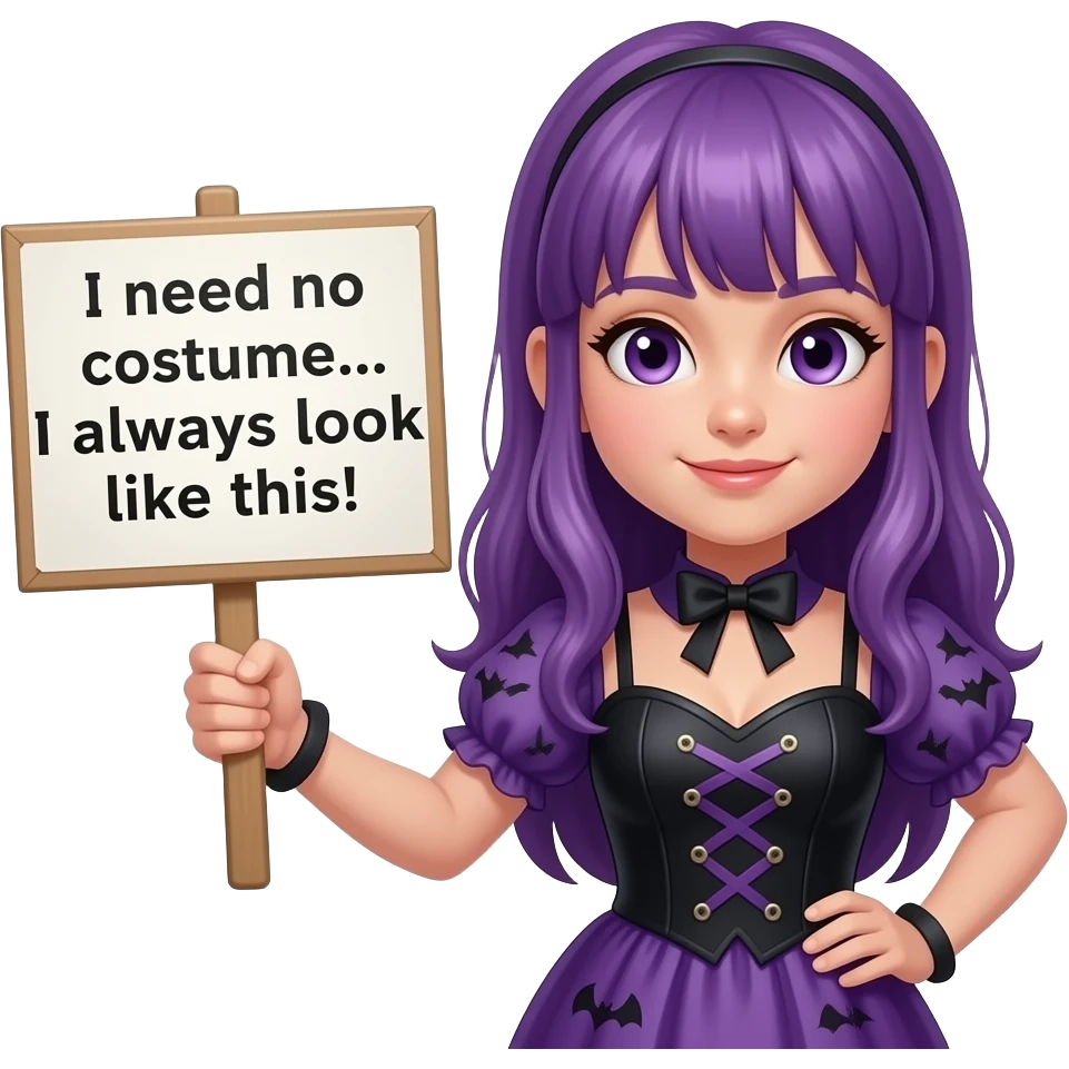 girl with long purple hair wearing a halloween costume holding a Ich brauche KEIN KOSTÜM... Ich sehe immer so aus! sign emoji