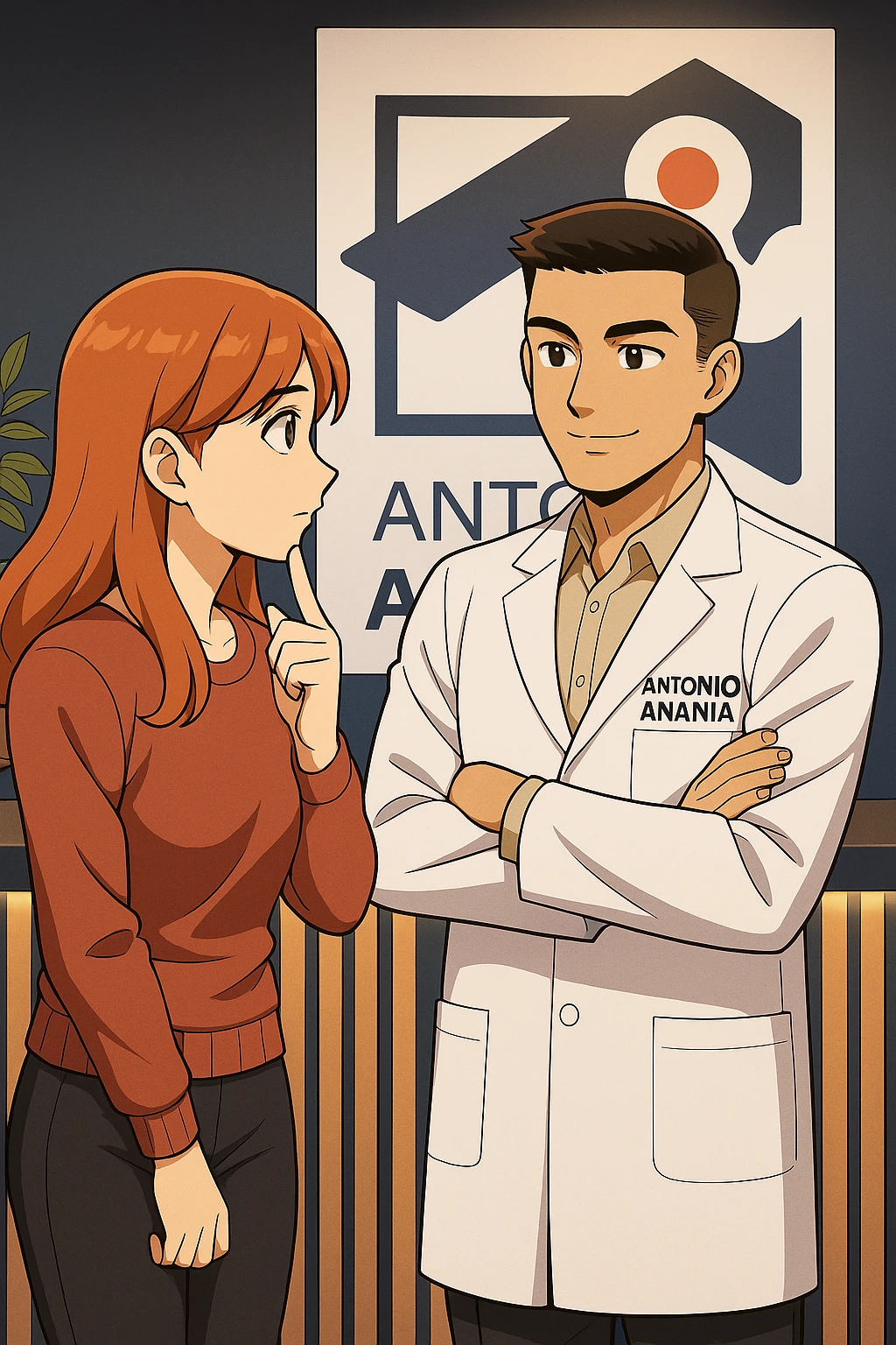 su questo stile fai un manga/webtoon a colori in cui una donna SI TOCCA IL MENTO MENTRE FA UNA DOMANDA ALL'UOMO, l'uomo della foto in stile manga LE SPIEGA CHE DEVE PROVARE LA SUA VALUTAZIONE MEDICA, mantieni un ambiente simile alla foto che ho allegato con il suo logo (sarebbe il suo studio, lui è un kinesiologo), scrivigli "ANTONIO ANANIA" sul camice bianco, non mettere fumetti, ma fai in modo che sembri che la donna CHIEDA E  l'uomo RISPONDA emoji