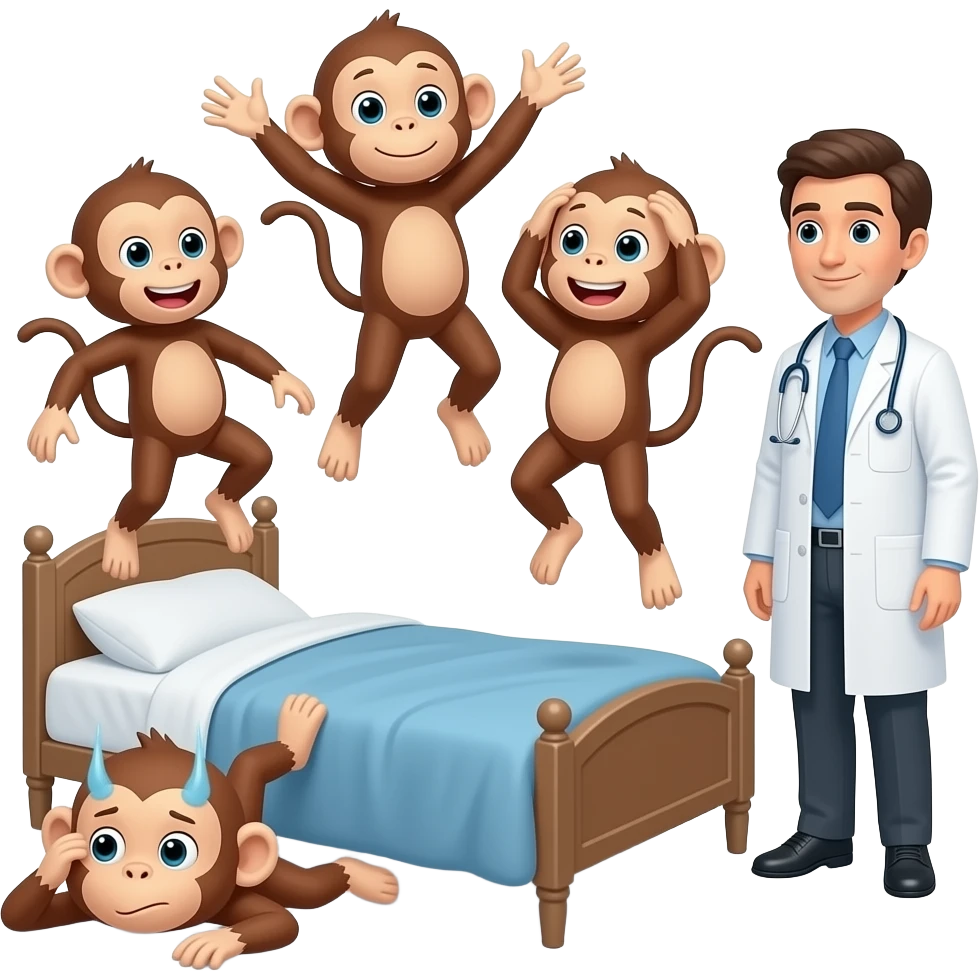Cinco monitos saltando en la cama uno se cayó se lastimó la cabeza mamá llamada doctor y el doctor dijo no más monitos saltando en la cama emoji