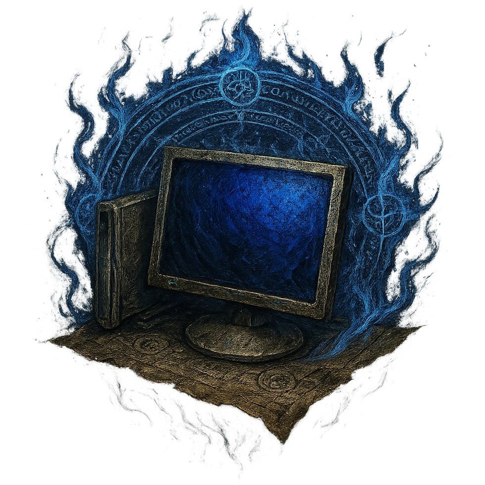Design the Windows 'My Computer' icon as an Elden Ring incantation with a transparent background. Feature the computer as a relic on a floating parchment, with blue magical flames and runic circles, in a dark fantasy style. 1080 x 1080 format. emoji