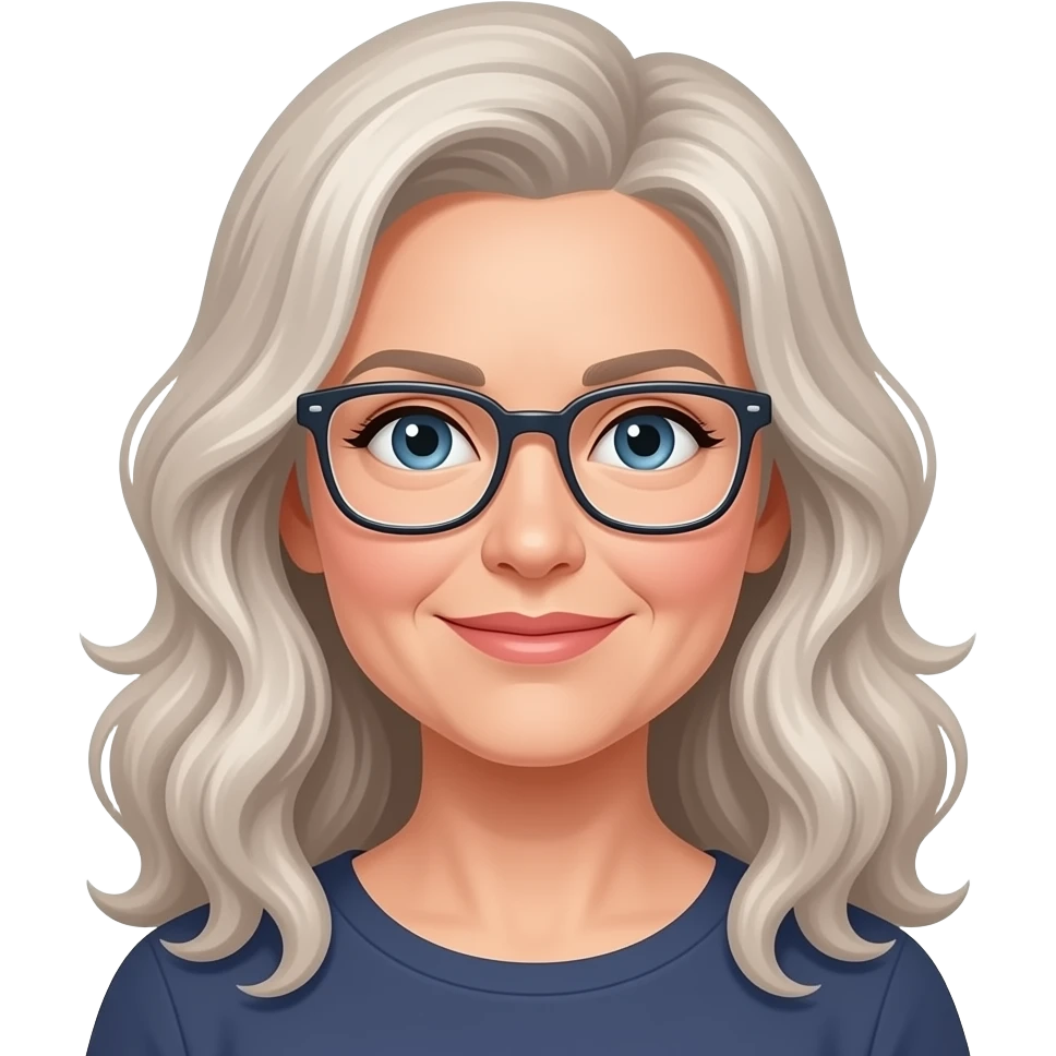early forties woman with ash  blonde loosely  curled hair, rectangular glasses emoji