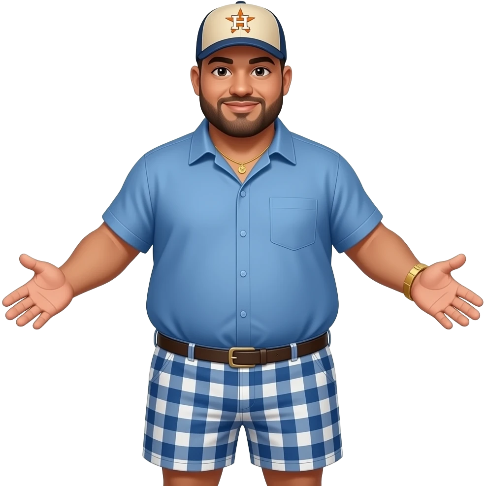 Chubby man with apricot skin tone with lightly shaved black beard wearing a blue button down short sleeve shirt with matching shorts with square pattern designs wearing an all beige color Huston Astros logo baseball cap wearing a gold tennis necklace and a gold wrist watch holding hands out emoji