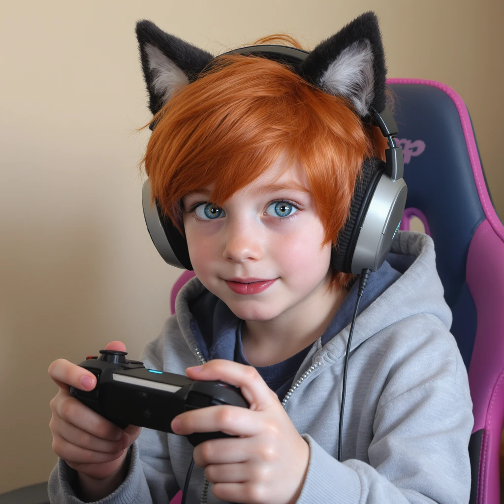 Red hair blue eye boy gaming with wolf ears emoji