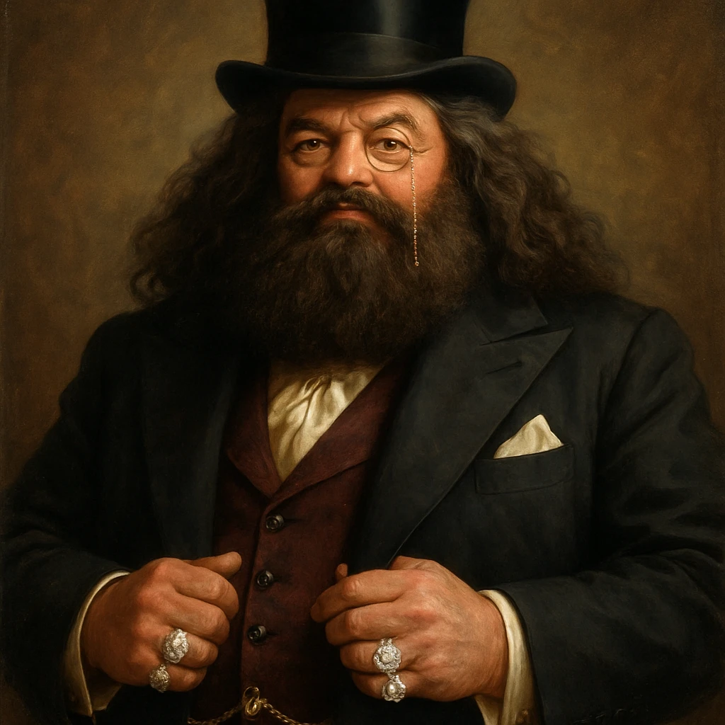 Hagrid dressed in a fancy suit with a top hat, monocle, and diamond rings, exuding wealth and confidence, detailed, elegant style emoji
