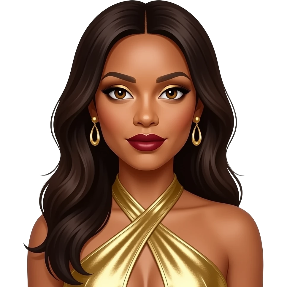 Kelly Rowland from Destiny's Child with dark brown eyes, long dark brown hair, gold eyeshadow, dark red lipstick, gold metallic halter dress, gold earrings emoji