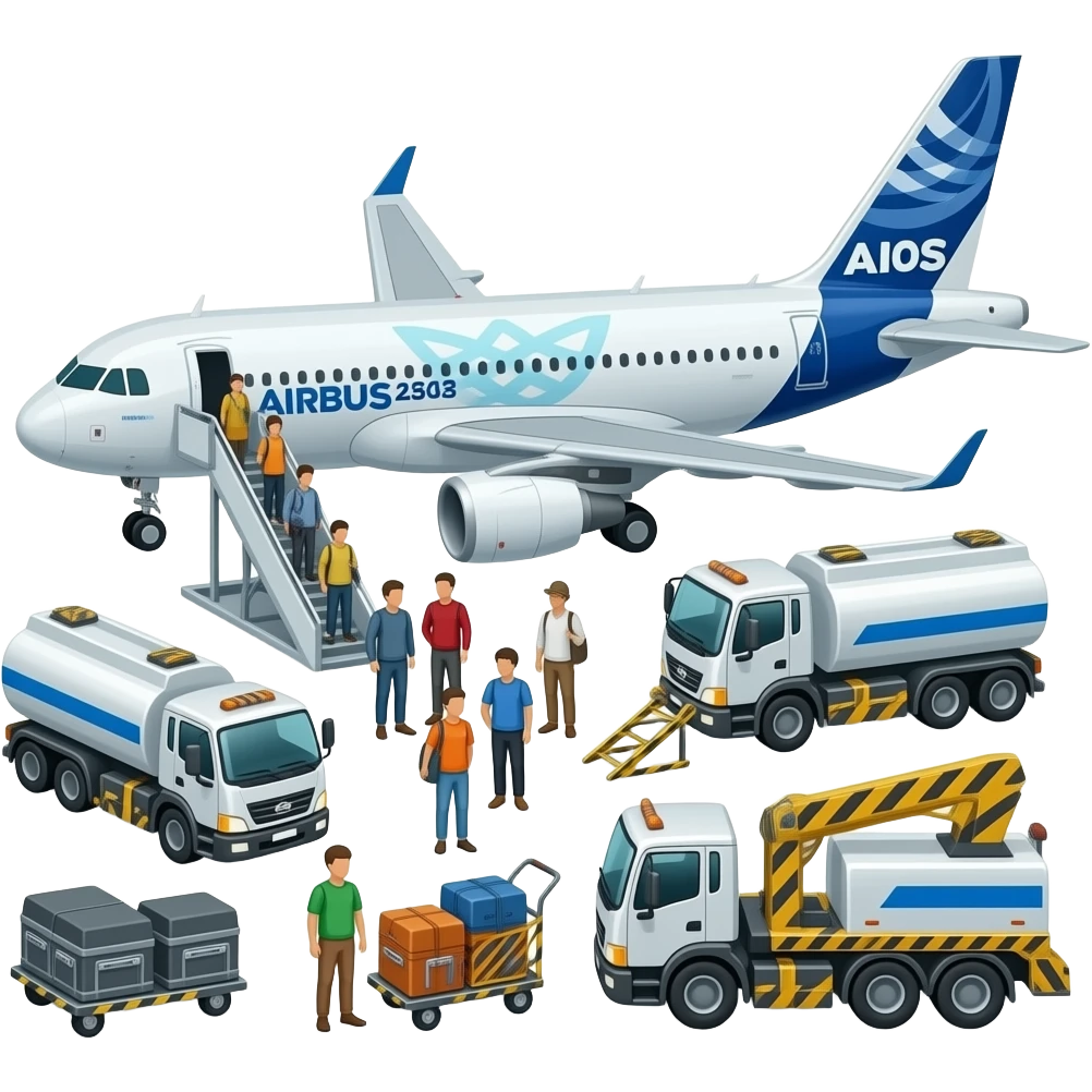 "An Airbus A100 boarding passengers at an airport with ground vehicles around it." emoji