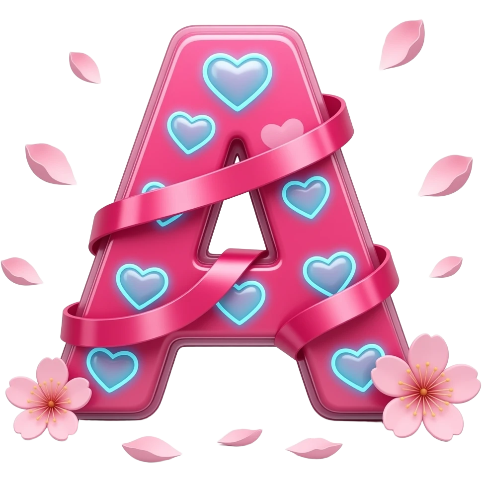 A sleek, hot pink 3D letter 'A' adorned with satin ribbons and glowing neon-blue hearts. Surrounded by floating cherry blossom petals and golden bokeh. Vibrant, modern, and feminine with a cinematic glow emoji