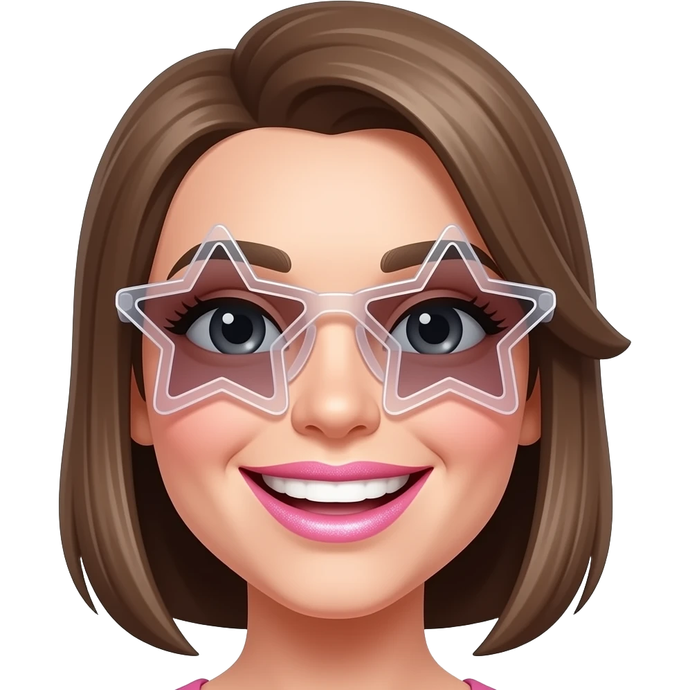 smiley face emoji with see through sunglasses star shapedand bright pink sparkley thin lips emoji