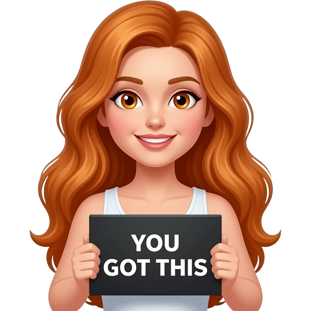 sexy girl with long ginger hair and ginger eyes wearing a white tanktop is holding a black sign with YOU GOT THIS written on it emoji
