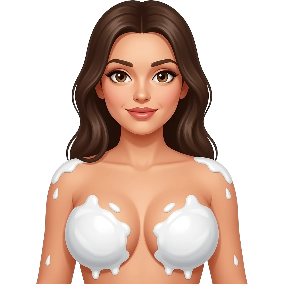 Naked beautiful woman with massive boobs covered in white cream emoji
