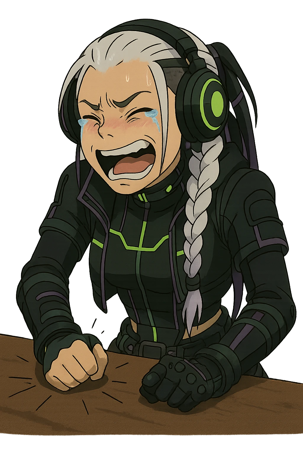 1 female, white braid with lavender tips. Cybergoth futurepunk, crying from laughter, pounding her fist on a table, “wheeze emoji” facial expression  emoji