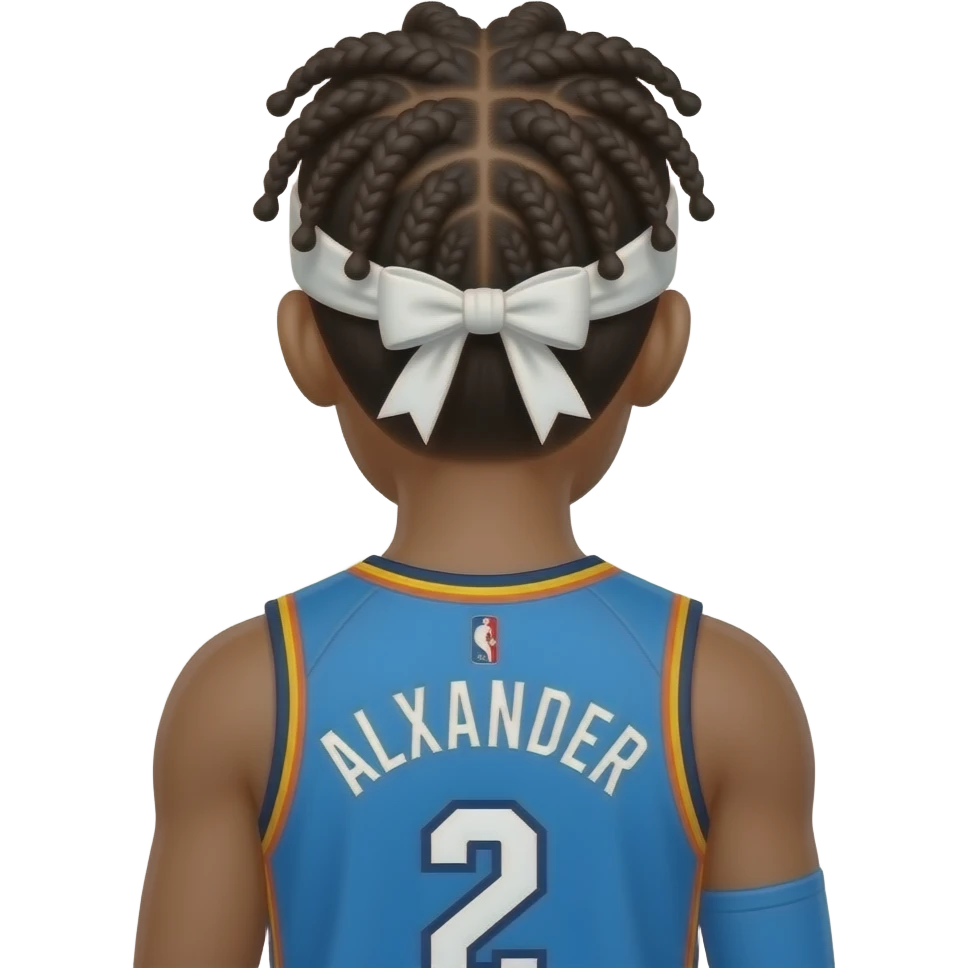 sga in a okc thunder  jersey no braids over the headband all under from the back with his jersey having the number 2 on the back and make him have bubble braids going under a white headband in the back NO BOW in the headband and make the braids shorter last name on the back Alexander emoji