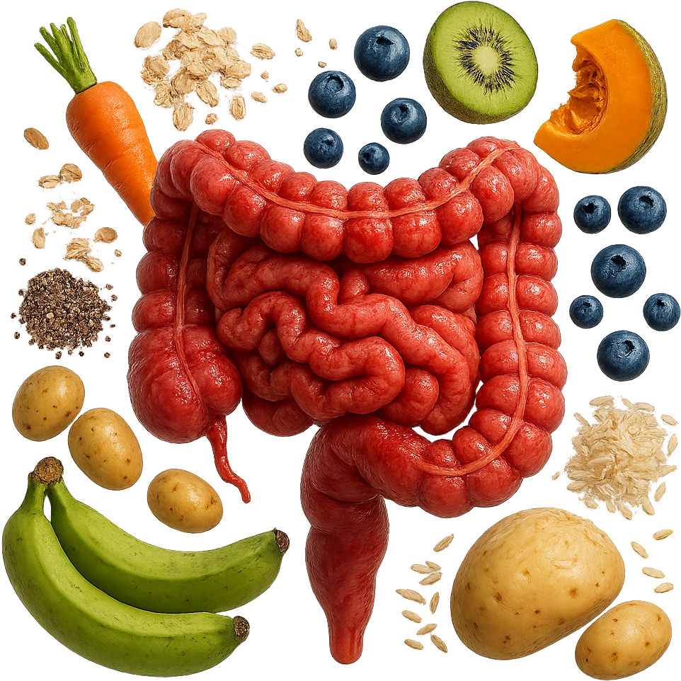 intestino umano anatomico infiammato con carota, fiocchi di avena, zucchine, kiwi, mirtilli, semi di chia, patate, banane acerbe, zucca, riso che gli fluttuano dietro, iperrealistico 4k emoji