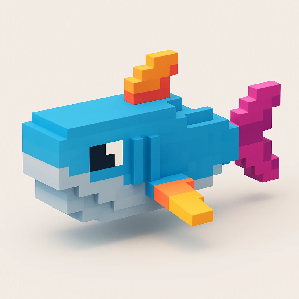 voxel style shark, side view, blocky, blue and gray, stylized fins emoji