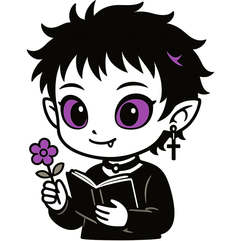 Remove the background and any text from this goth banner, keep it cute, expressive, minimal, in the style of imagen-4-fast-KaUtLiSA10F, with a transparent background. emoji