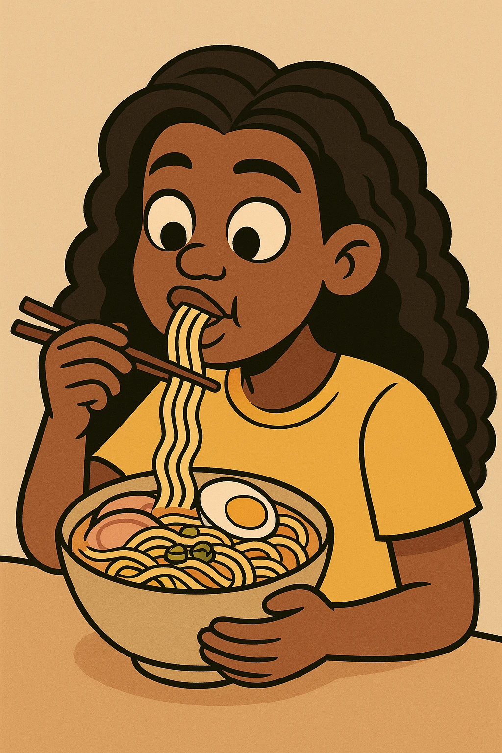 dark skin African American girl with long curly black hair, wearing a yellow shirt, eating a bowl of ramen, cartoon style emoji