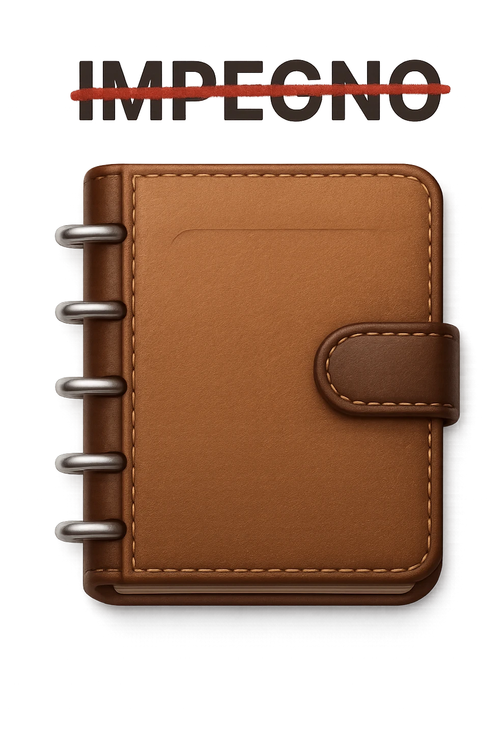 emoji stile iphone di un agenda con la parola "IMPEGNO" SCRITTA SOPRA E UNA CANCELLATURA ROSSA SULLA PAROLA, iperrealistico 4k emoji