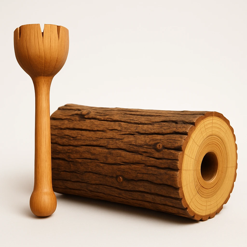 Make the wooden trunk more realistic and colorful, remove any human features such as eyes and mouth, keep the small mallet, and maintain a white background. Style should be realistic and colorful. emoji