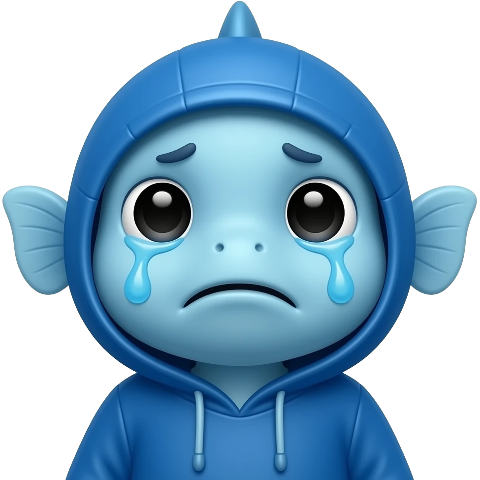 A little blue fish shaped like a human dressed head to toes in blue is looking at us with a very sad face with tears. emoji