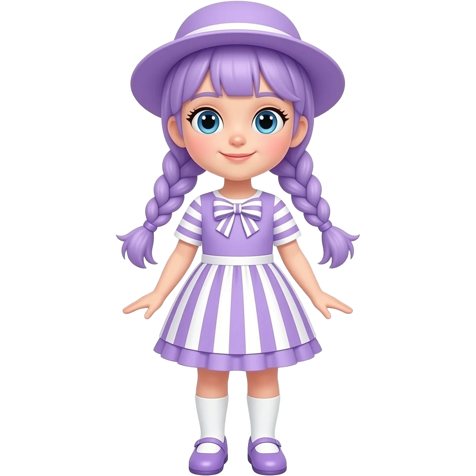 A girl with pale purple hair tied in two braids, and blue eyes and wearing a pale purple dress with pale purple and white striped sleeves, a pale purple and white striped skirt with a pale purple frill, a pale purple and white striped bow), a pale purple sun hat, white socks and pale purple shoes. emoji