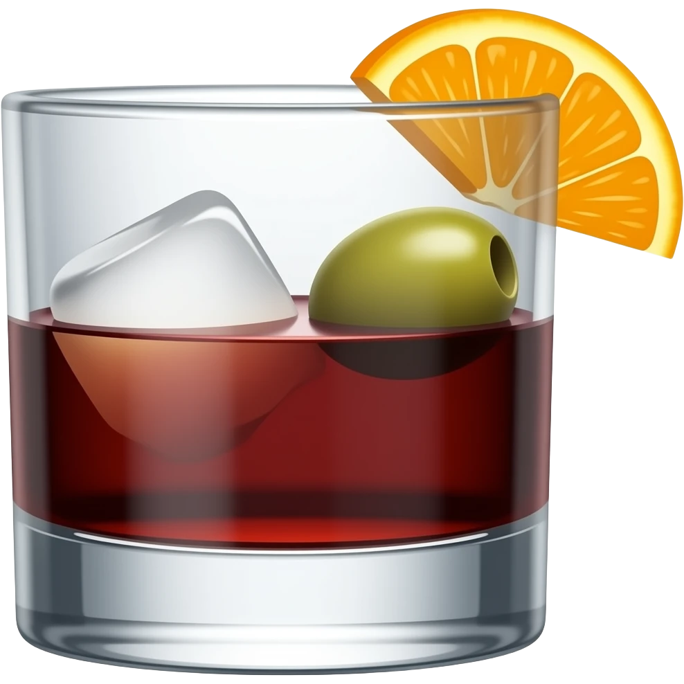 A short whiskey glass 3/4 full with dark red vermouth, a big block of ice, an olive and a thin slice of orange emoji