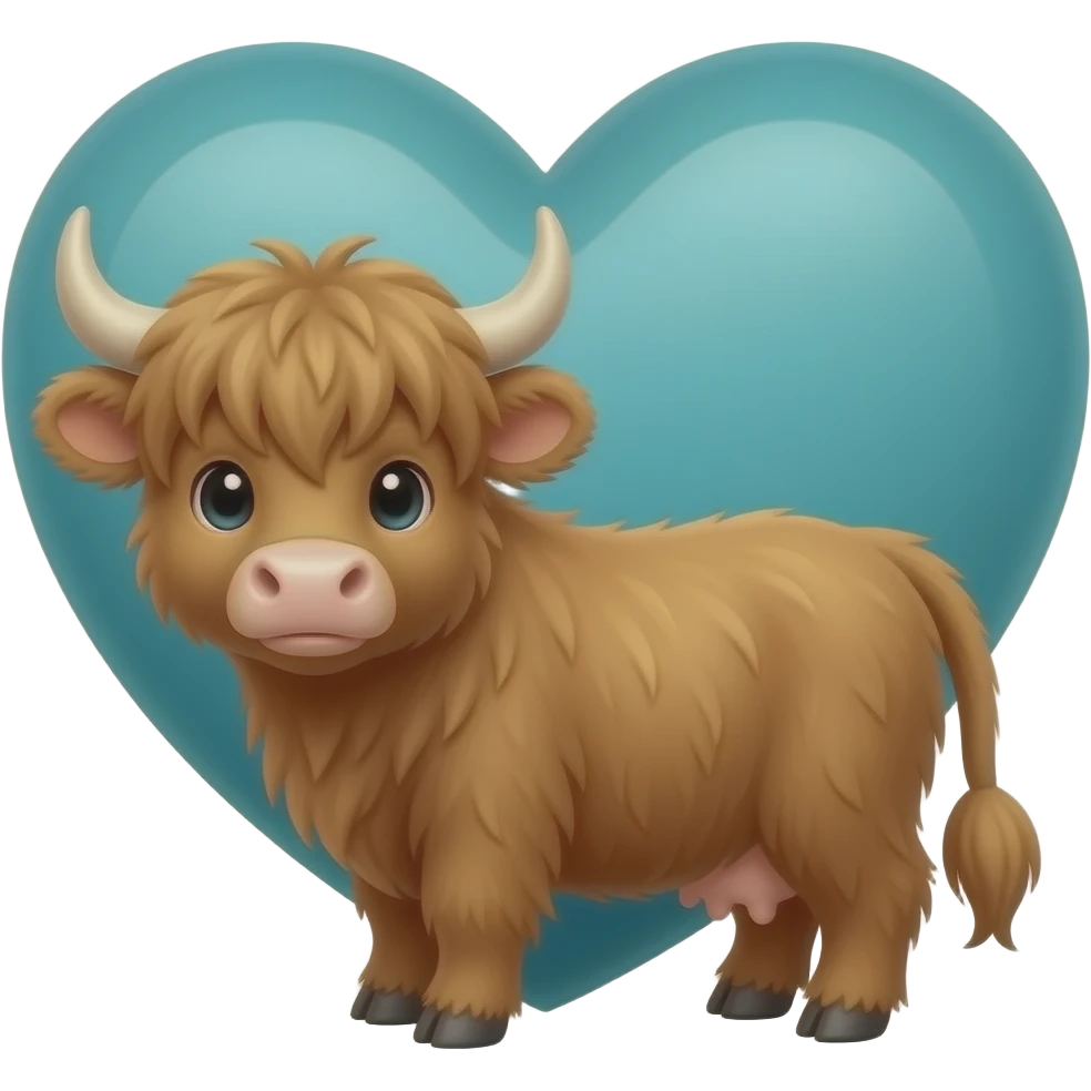 Very small brown Cute highland cow Big Big teal heart emoji
