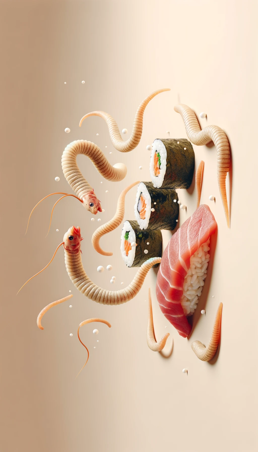 carne cruda fluttua insieme a sushi, intorno a loro fluttuano vermi lunghi e beige chiaro, sfondo neutro chiaro, iperrealistico 4k emoji