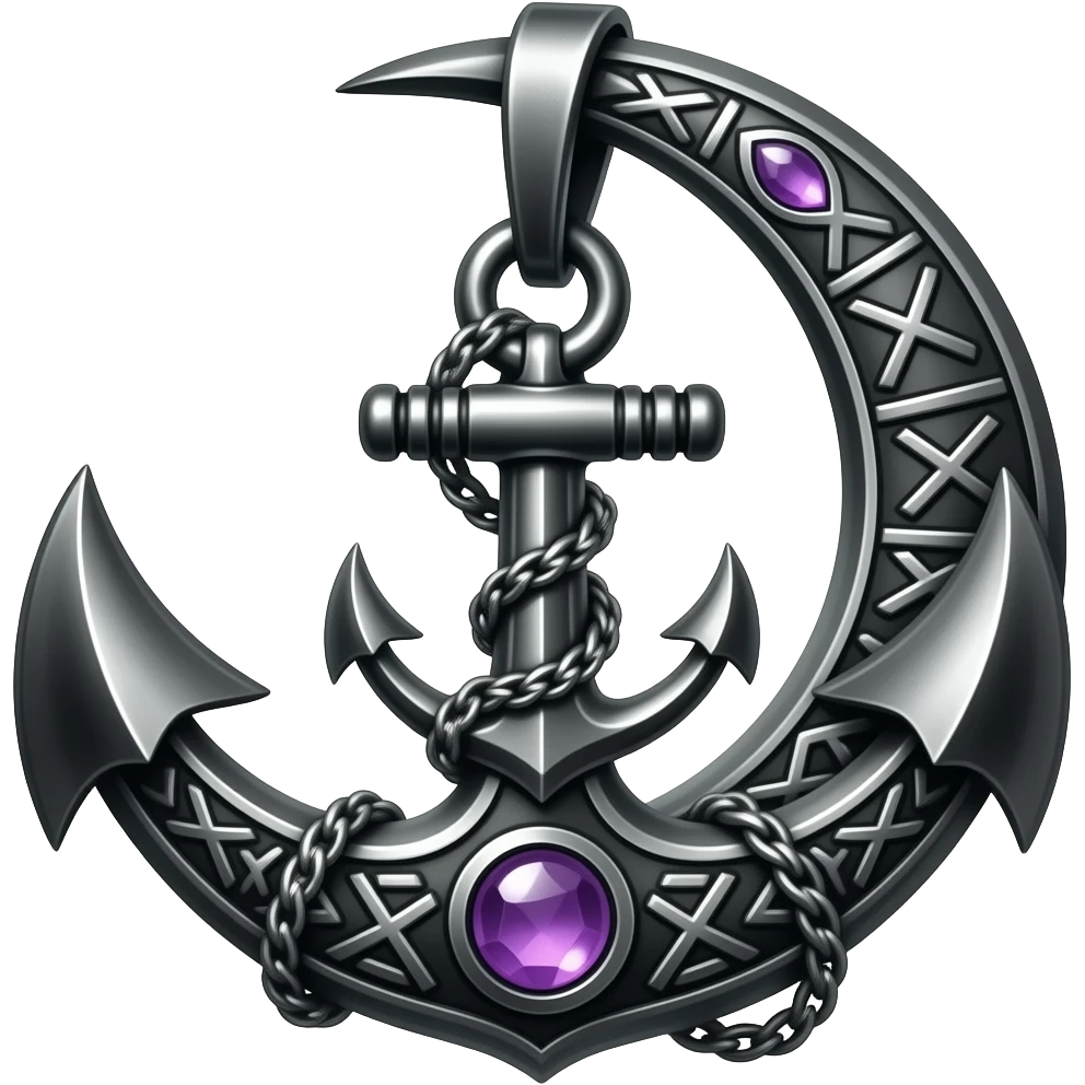 „blackened crescent‑moon and anchor pendant fused together, intricate runic engravings, small purple crystals, moonlight reflecting on metal, ethereal atmosphere, high detail, no characters“ emoji