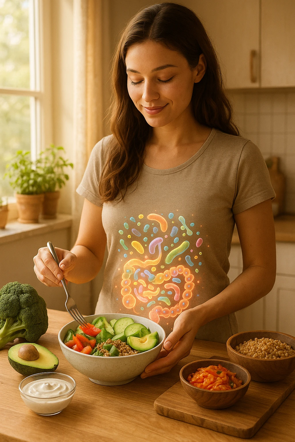 A realistic, warm-toned image of a young woman in a bright, cozy kitchen preparing a healthy meal rich in fiber and probiotics. She smiles softly, focused and calm, as she adds fresh vegetables, fermented foods like yogurt or kimchi, and whole grains to a bowl. Around her abdomen, a subtle, glowing overlay of balanced gut flora—colorful, friendly bacteria and microbes—swirls gently, symbolizing intestinal health and harmony. The setting is natural and inviting, with sunlight streaming through the window, potted herbs on the counter, and clean wooden surfaces. The overall mood conveys wellness, self-care, and the positive journey toward gut balance emoji