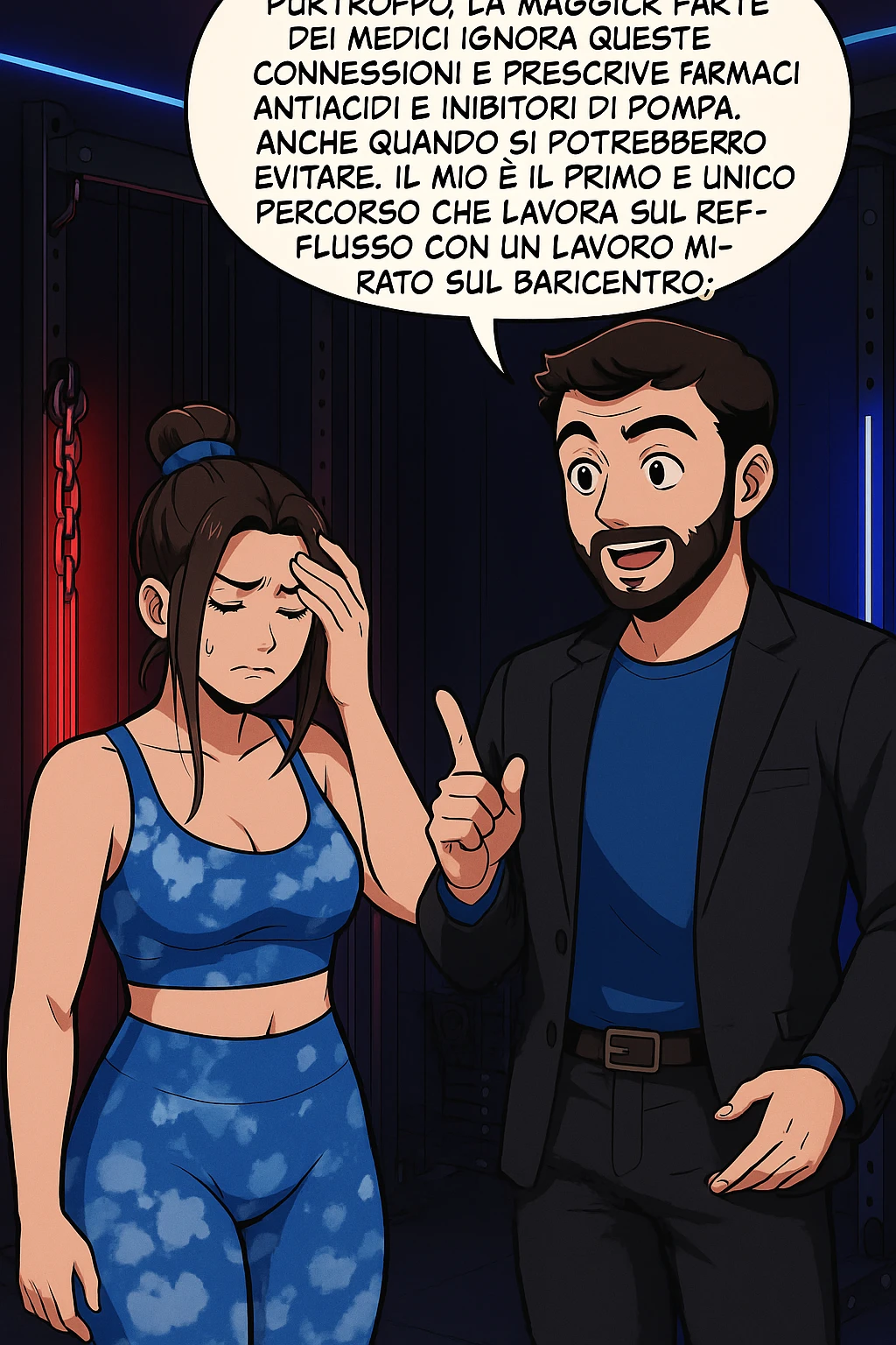 TRASFORMA QUESTO CAROSELLO IN UN FUMETTO STILE WEBTOON/MANGA A COLORI CON QUESTE DUE PERSONE IDENTICHE CHE INTERLOQUISCONO TRA LORO, L'uomo sta spiegando alla donna questo concetto MENTRE LA DONNA SI TIENE la mano sulla fronte sconcertata:

LUI (UOMO): Purtroppo, la maggior parte dei medici ignora queste connessioni e prescrive farmaci antiacidi e inibitori di pompa, anche quando si potrebbero evitare.
Il mio è il primo e unico percorso che lavora sul reflusso con un lavoro mirato sul baricentro; emoji