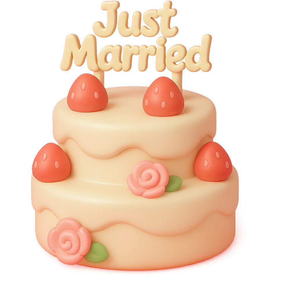 white wedding cake with strawberries, pink roses, 'Just Married' topper, vinyl figure style emoji