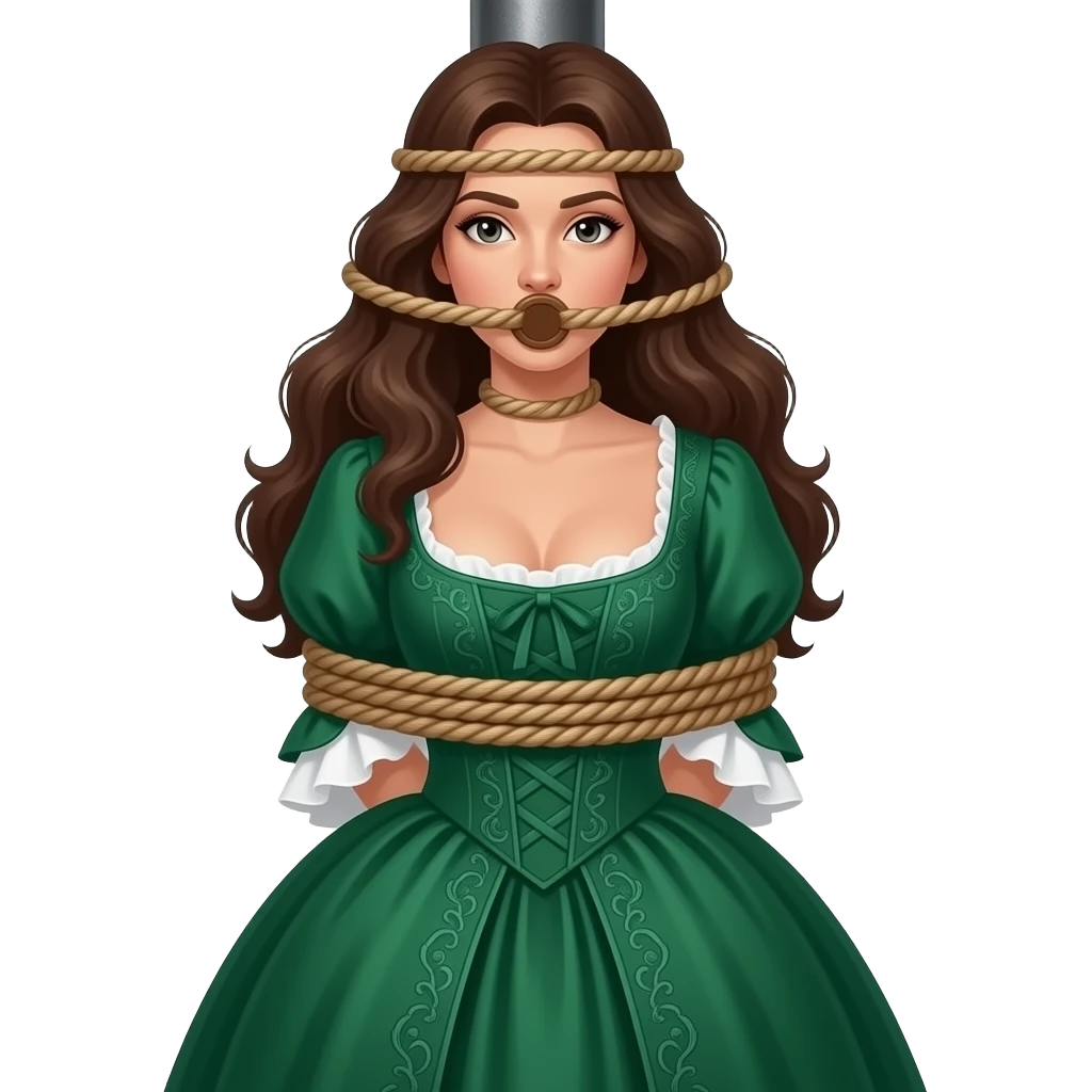 Brunette woman in emerald green 1770s gown with long flowing hair, ample bosom, gagged and bound to tall post, with lower rope tied just beneath bosom and another upper single rope tied around her head at mouth level. Upper rope around mouth level only! No chains or cloth face mask in image! emoji