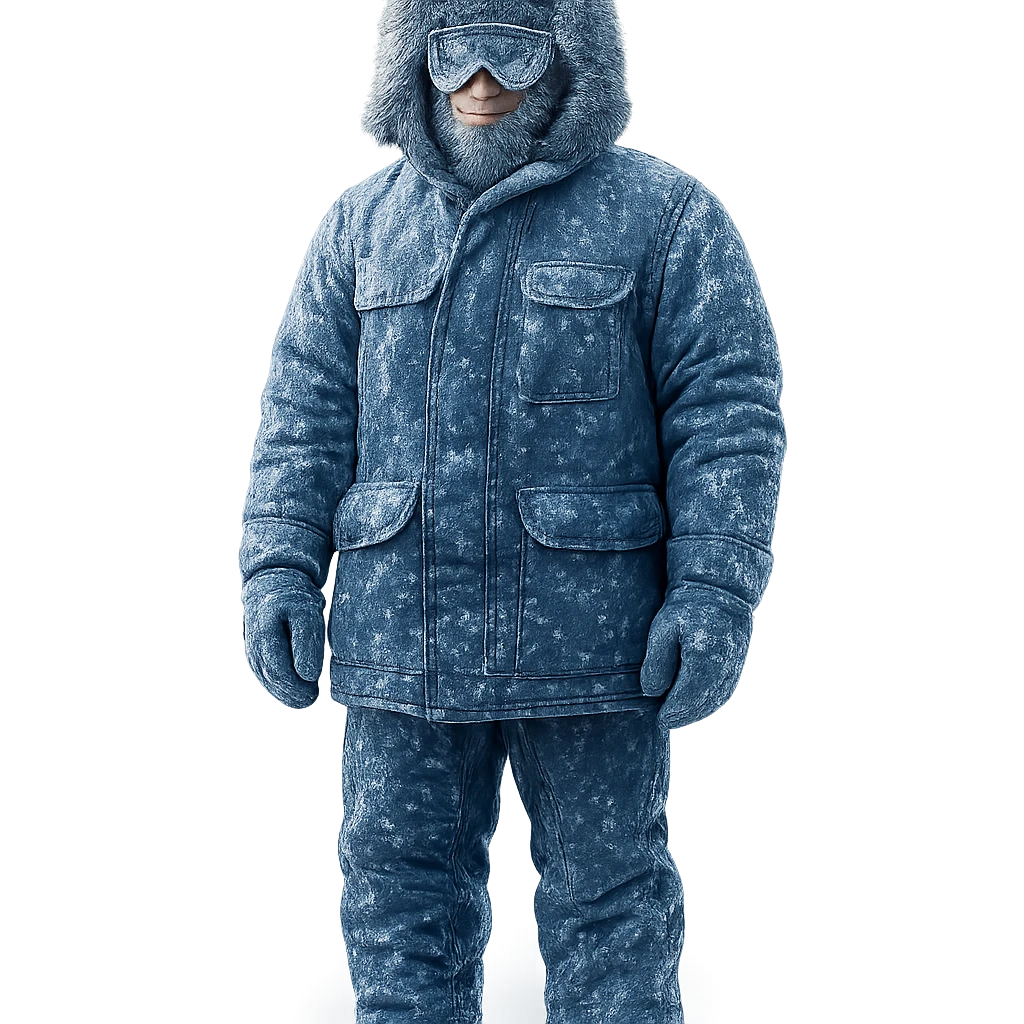 a scientist bundled up in extreme cold weather gear, wearing goggles, thick parka, gloves, and snow boots, only face partially visible, standing in snow emoji