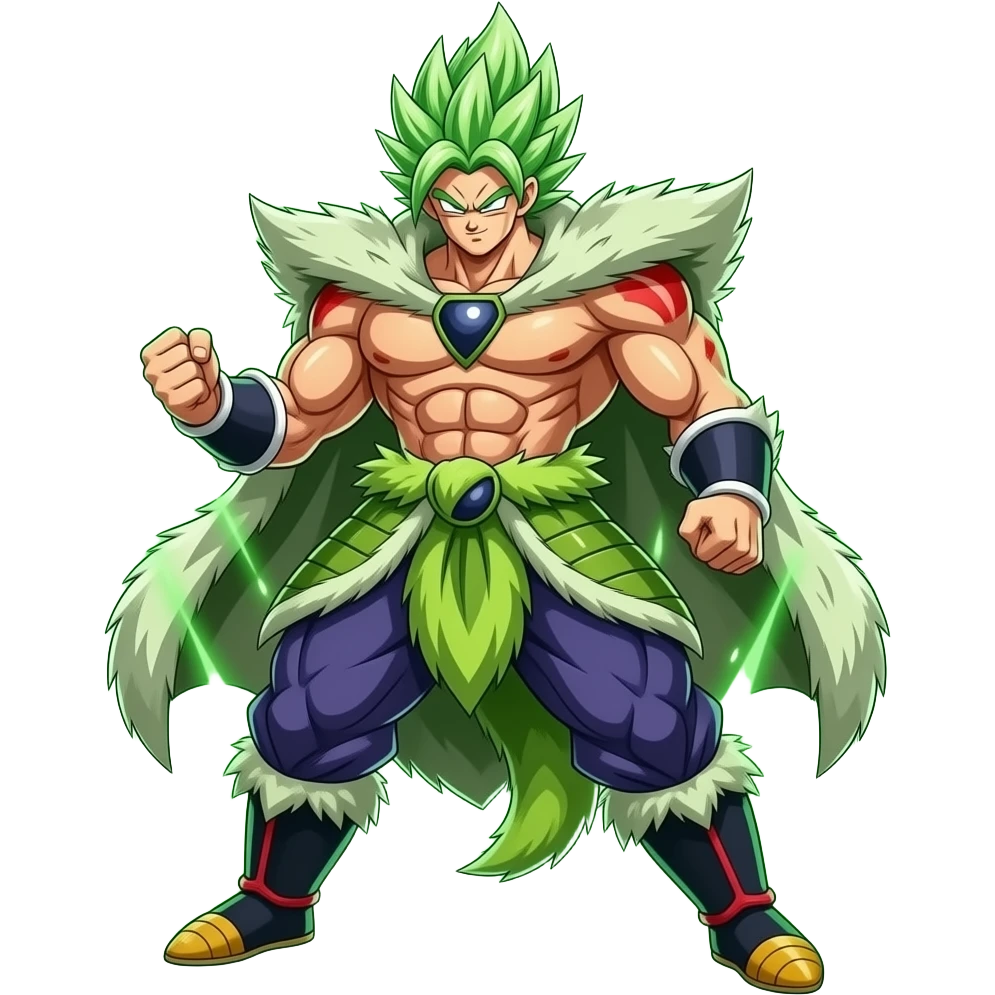 Un broly super poderoso y musculoso con capa peluda un aura grande y pose de pelea  y verde con cuerpo entero y el pelo de un verde florescente y rayos verdes al alrededor emoji