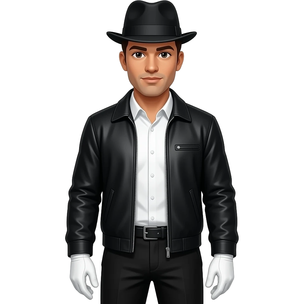 Un hombre con sombrero negro y con camisa blanca y chaqueta negra y guantes blancos y pantalón negro emoji