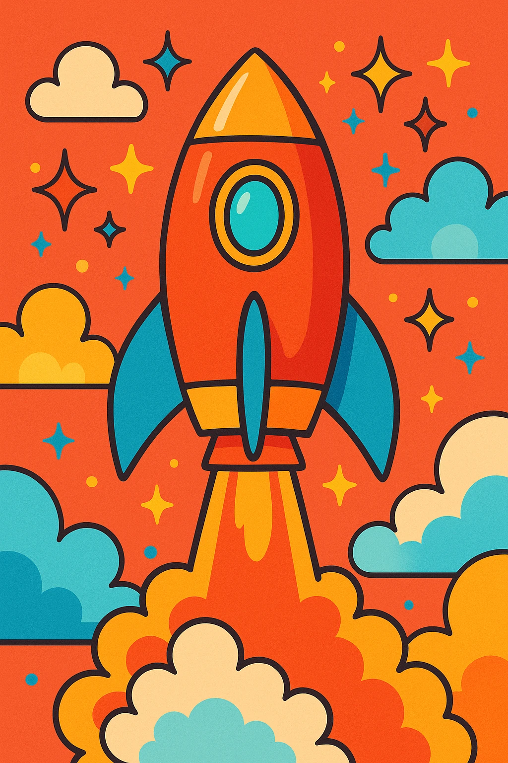 cartoon rocket ship taking off surrounded by playful clouds and sparkles whimsical vibrant style emoji