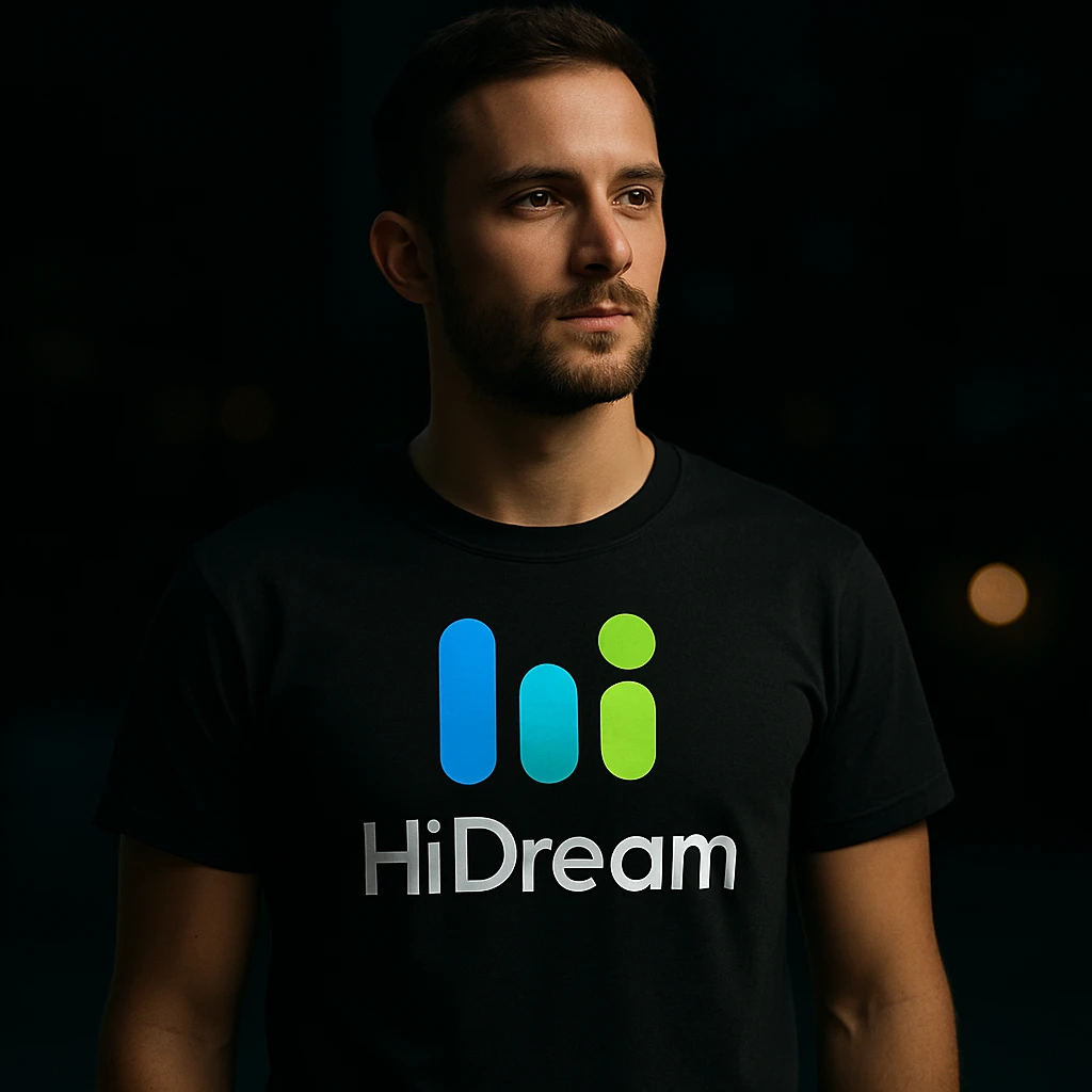 man wearing tshirt with this logo, dark night background with dim lights emoji
