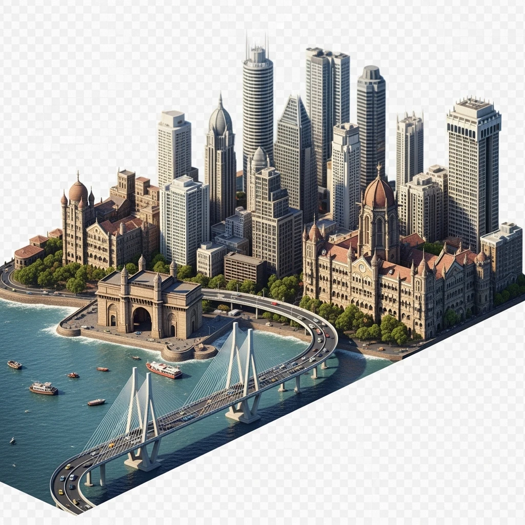 Isometric miniature of Mumbai city, featuring iconic landmarks like Gateway of India, Bandra-Worli Sea Link, Chhatrapati Shivaji Terminus,  clustered high-rises and skyscrapers, 3D miniature effect and Tilt Shift effect, no cartoonish look, transparent background.

 clustered high-rises emoji