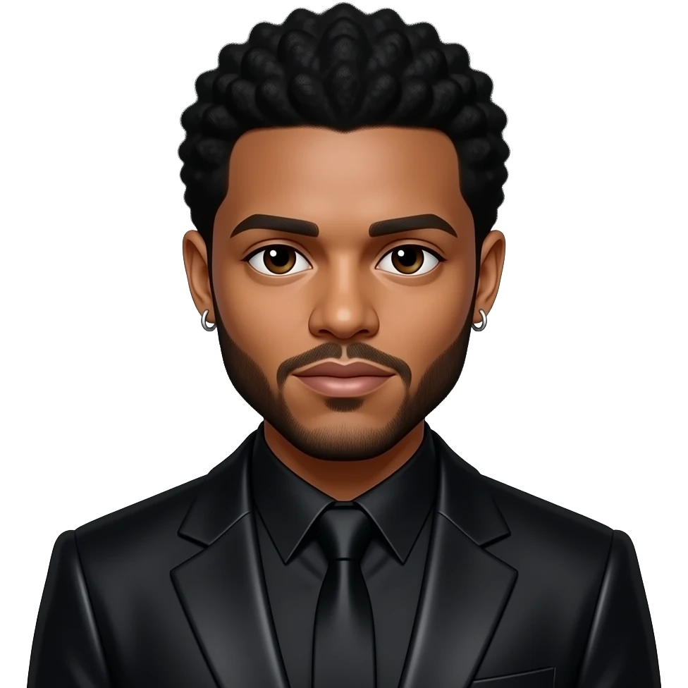 The Weeknd with dark brown eyes, black medium afro hair, black metallic shirt, black metallic suit jacket, silver short earrings emoji