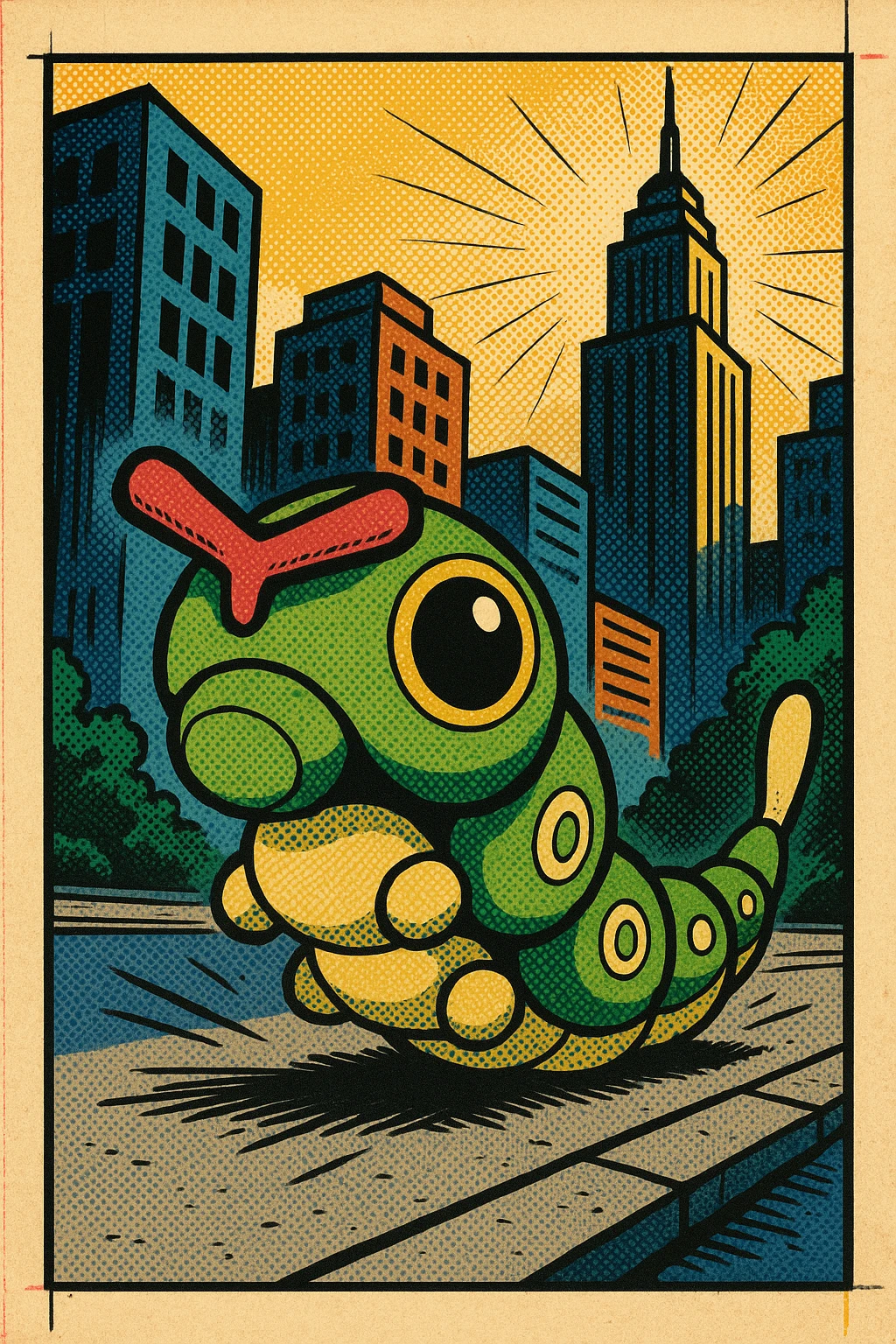 Caterpie exploring a city, modern comic book style emoji